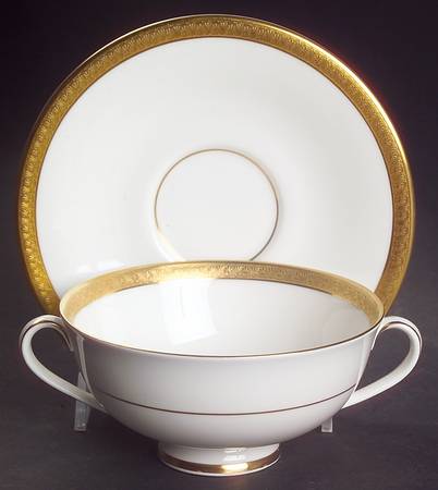 Royal Gold Footed Cream Soup Bowl & Cup Saucer Set