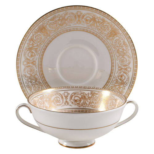 Sovereign (Gold Scroll and Leaf Rim) Footed Cream Soup Bowl & Cup Saucer