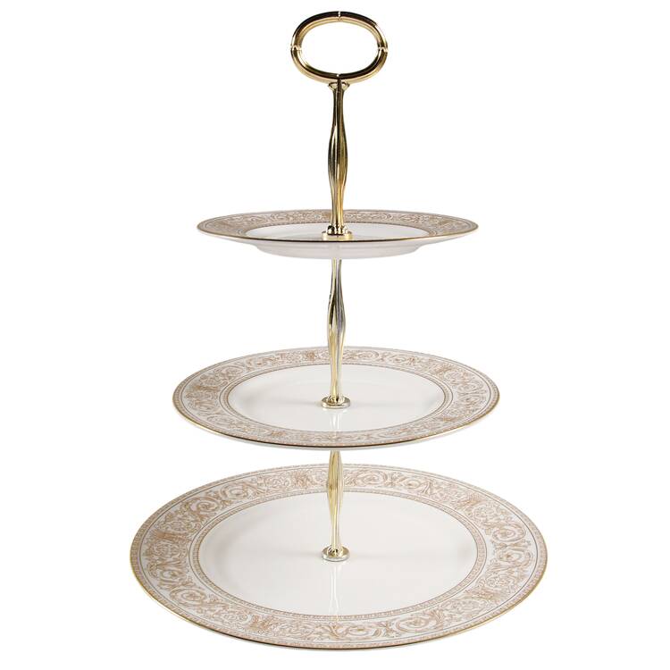 Sovereign (Gold Scroll and Leaf Rim) 13 7/8"-14 1/4" 3-Tiered Serving Tray(DP,SP,BB) HC