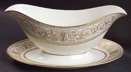 Sovereign (Gold Scroll and Leaf Rim) Gravy Boat with Attached Underplate by Royal Doulton