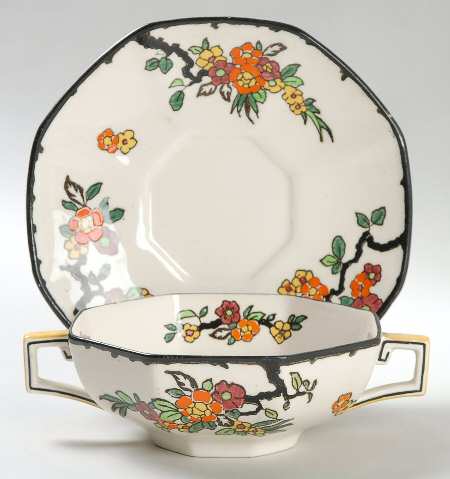 Woburn Black (No White Flowers) Flat Cream Soup Bowl & Saucer Set