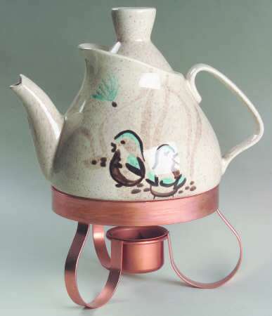Bob White Tea Pot & Lid w/Copper Metal Stand
