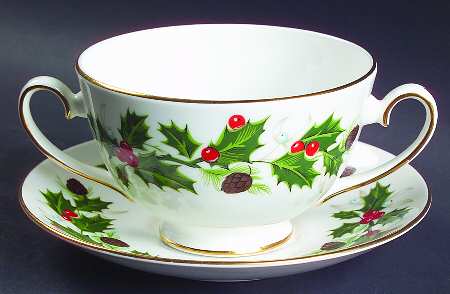 Noel (Holly Backstamp, Smooth) Footed Cream Soup Bowl & Saucer Set