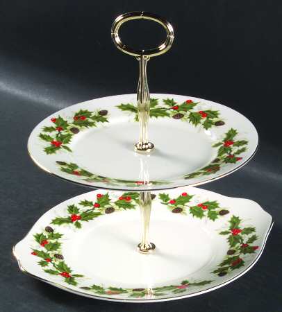 Noel (Holly Backstamp, Smooth) 2 Tiered Serving Tray(Handled Cake&Salad Plate)