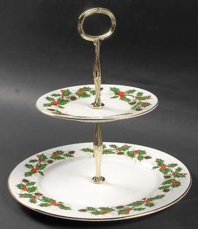 Noel (Holly Backstamp, Smooth) 2 Tiered Serving Tray (Lunch & Bread/Butter Plate)