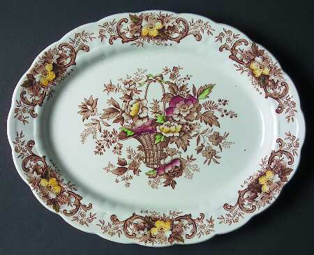 Old English Bouquet Brown Multicolor 12" Oval Serving Platter
