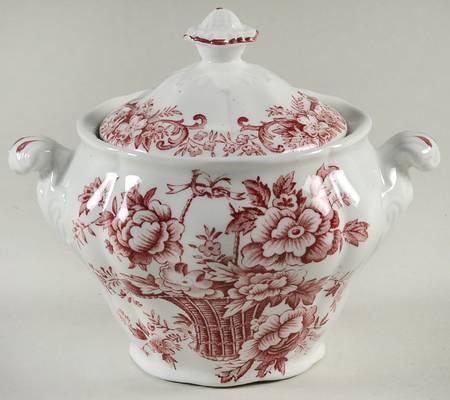 Old English Bouquet Red Sugar Bowl & Lid