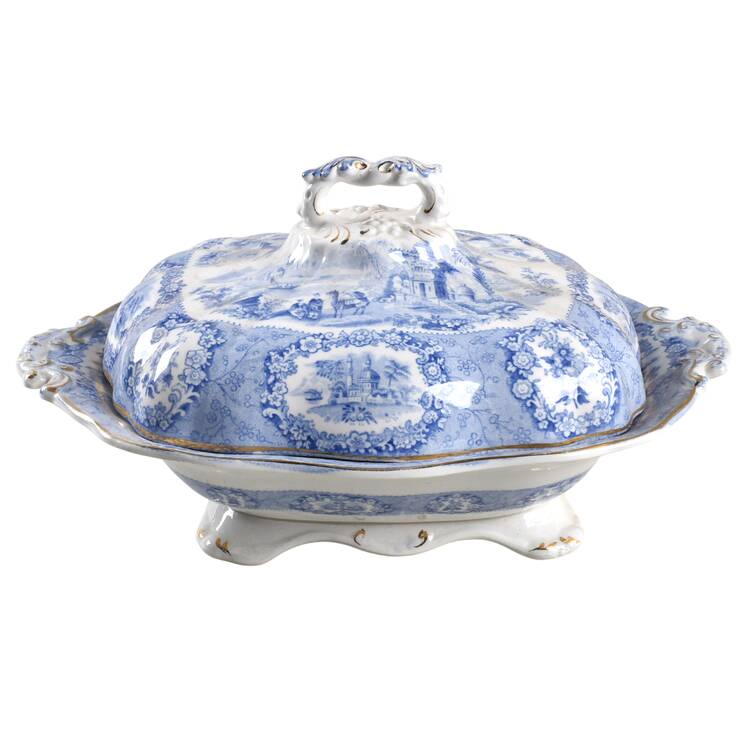Oriental (Blue, Gold Trim) Oval Covered Vegetable