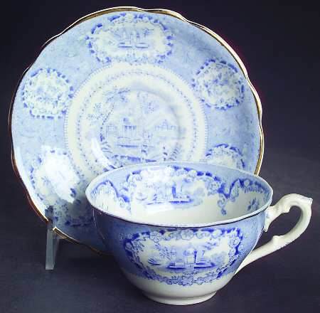 Oriental (Blue, Gold Trim) Flat Cup & Saucer Set