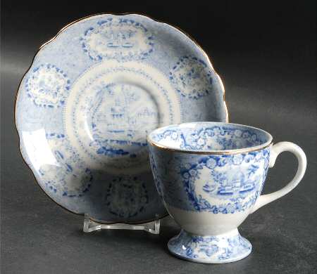 Oriental (Blue, Gold Trim) Footed Cup & Saucer Set