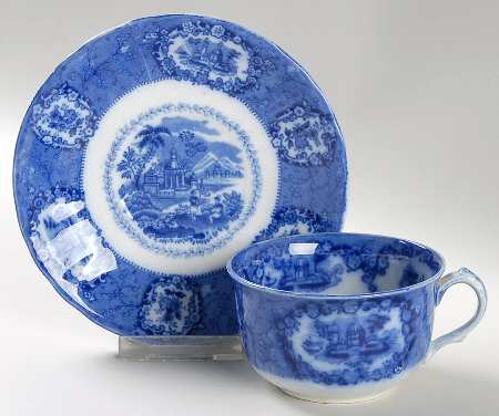 Oriental (Flow Blue, No Trim) Flat Cup & Saucer Set