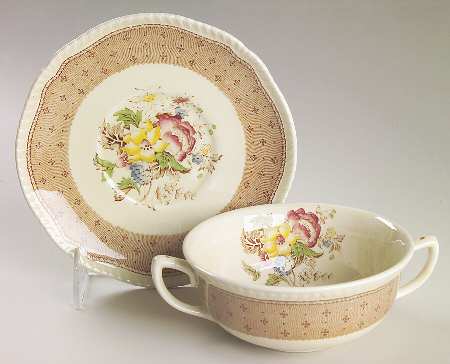 Plymouth Brown Flat Cream Soup Bowl & Saucer Set