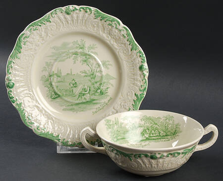 Scenes From Charles Dickens Green Flat Cream Soup Bowl & Saucer Set