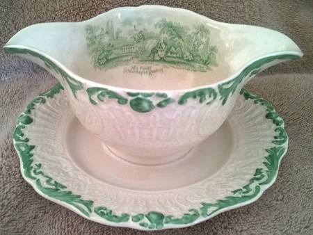 Scenes From Charles Dickens Green Gravy Boat with Attached Underplate