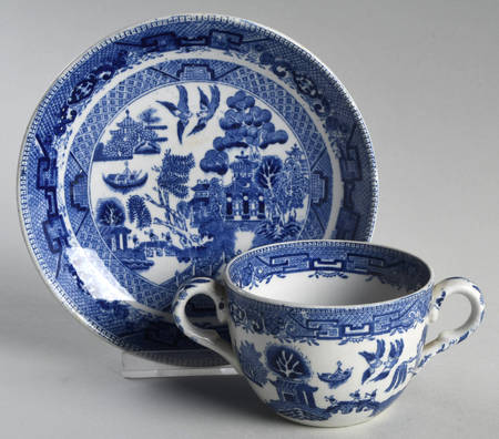 Willow Blue (Birds, Diamond Stamp) Flat Bouillon Cup & Saucer