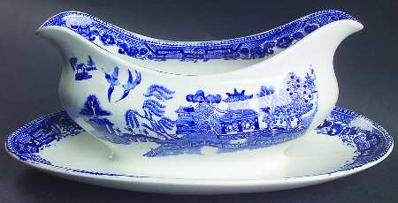 Willow Blue (Birds, Diamond Stamp) Gravy Boat with Attached Underplate