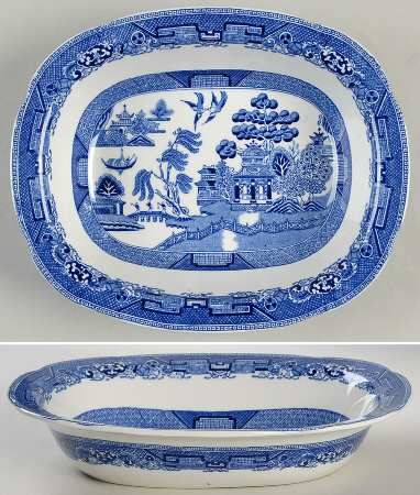 Willow Blue (Birds, Diamond Stamp) 9" Oval Vegetable Bowl