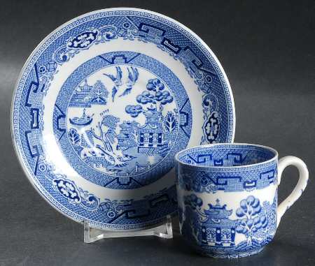 Willow Blue (Birds, Diamond Stamp) Flat Demitasse Cup & Saucer Set