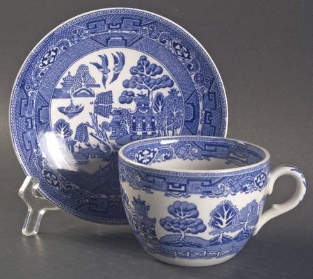 Willow Blue (Birds, Diamond Stamp) Flat Cup & Saucer Set