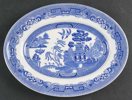 Willow Blue (Newer, Pagoda Backstamp) 11" Oval Serving Platter