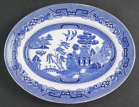 Willow Blue (Newer, Pagoda Backstamp) 11" Oval Serving Platter