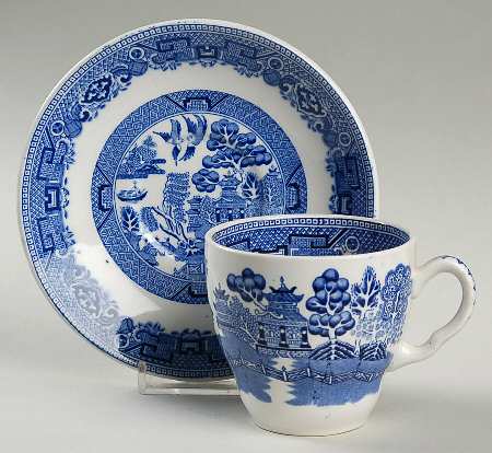 Willow Blue (Newer, Pagoda Backstamp) Flat Cup & Saucer Set