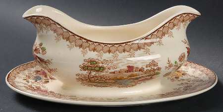 Woodland Brown (Cream Background) Gravy Boat with Attached Underplate