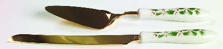 Holly Holiday 2 Piece Cake Set-Knife & Server Gold Plated Blade