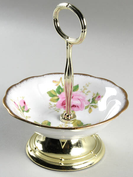 American Beauty (White Background) 6"-7" Handled Footed Nut Dish HC