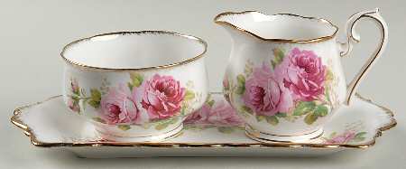 American Beauty (White Background) Creamer & Open Sugar with Tray