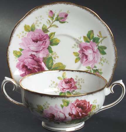 American Beauty (White Background) Footed Cream Soup Bowl & Saucer Set