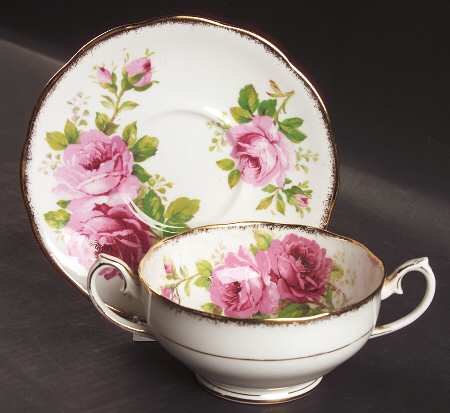 American Beauty (White Background) Footed Cream Soup Bowl & Saucer Set