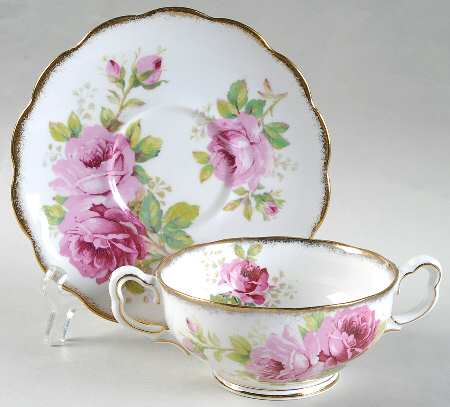 American Beauty (White Background) Footed Cream Soup Bowl & Saucer Set