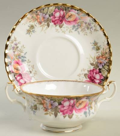 Autumn Roses Footed Cream Soup Bowl & Saucer Set