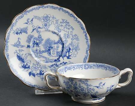 Blue Willow Footed Cream Soup Bowl & Saucer Set