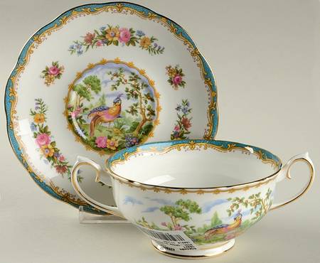 Chelsea Bird Blue Footed Cream Soup Bowl & Saucer Set