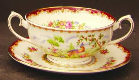 Chelsea Bird Maroon Footed Cream Soup Bowl & Saucer Set