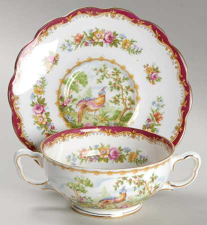 Chelsea Bird Maroon Footed Cream Soup Bowl & Saucer Set