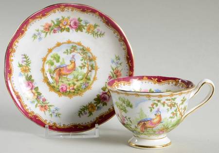 Chelsea Bird Maroon Footed Demitasse Cup & Saucer Set