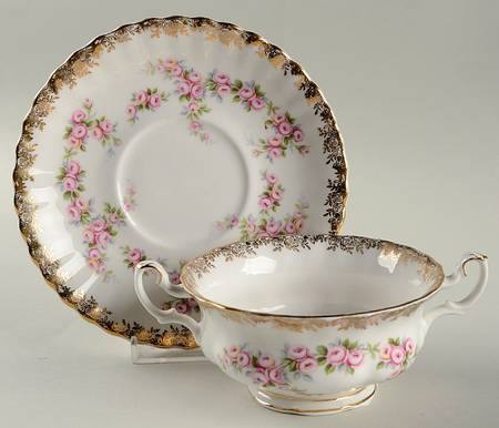 Dimity Rose Footed Cream Soup Bowl & Saucer Set by Royal Albert