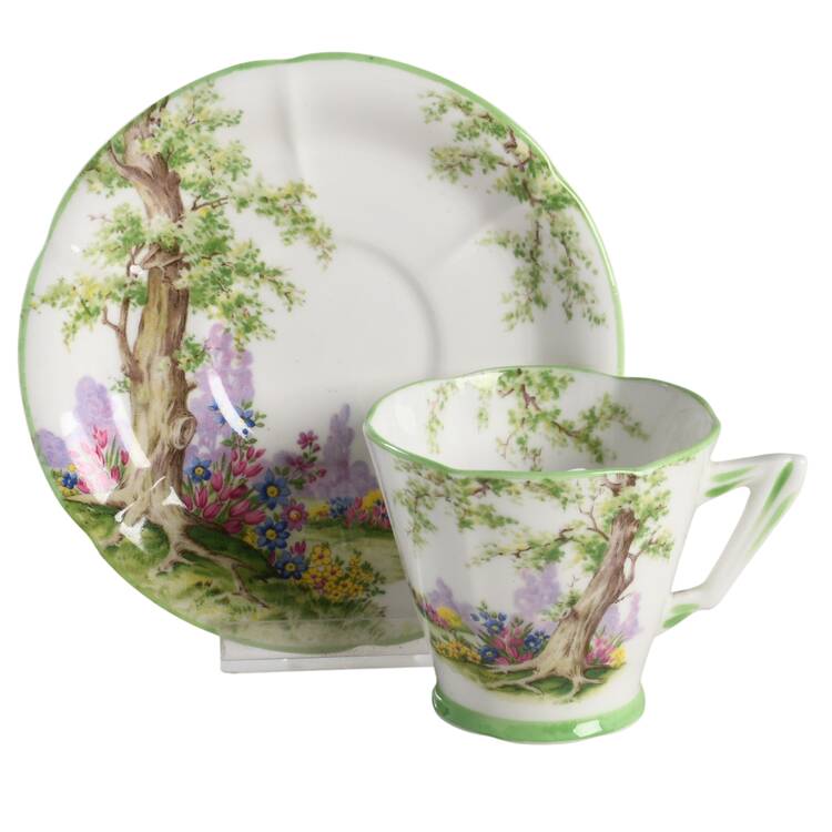 Greenwood Tree (Green Trim) Footed Cup & Saucer Set