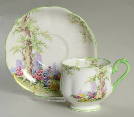 Greenwood Tree (Green Trim) Footed Cup & Saucer Set by Royal Albert