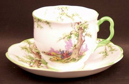Greenwood Tree (Green Trim) Footed Cup & Saucer Set
