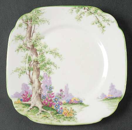 Greenwood Tree (Green Trim) Square Bread & Butter Plate