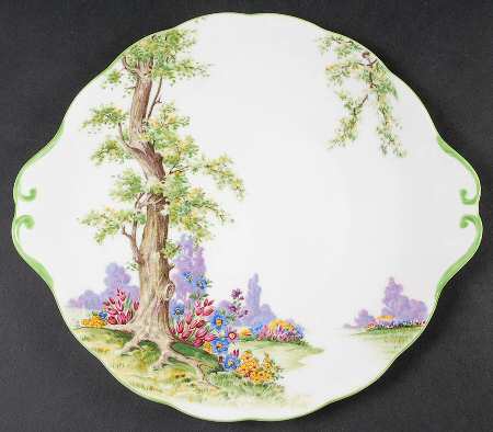Greenwood Tree (Green Trim) Handled Cake Plate