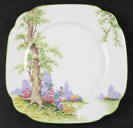 Greenwood Tree (Green Trim) Square Luncheon Plate