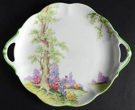Greenwood Tree (Green Trim) Handled Cake Plate