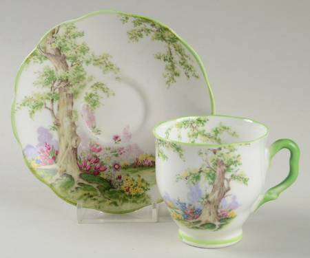 Greenwood Tree (Green Trim) Footed Demitasse Cup & Saucer Set