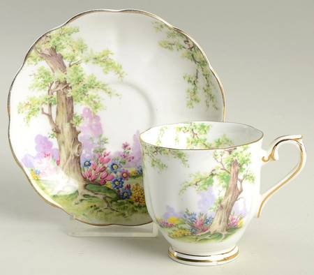 Greenwood Tree (Gold Trim) Footed Demitasse Cup & Saucer Set