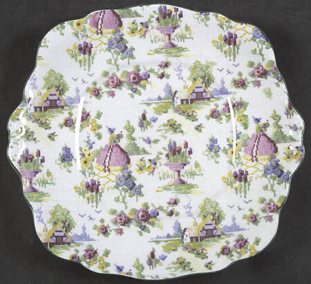 Lady Gay (Hampton, Countess, Green Trim) Square Handled Cake Plate
